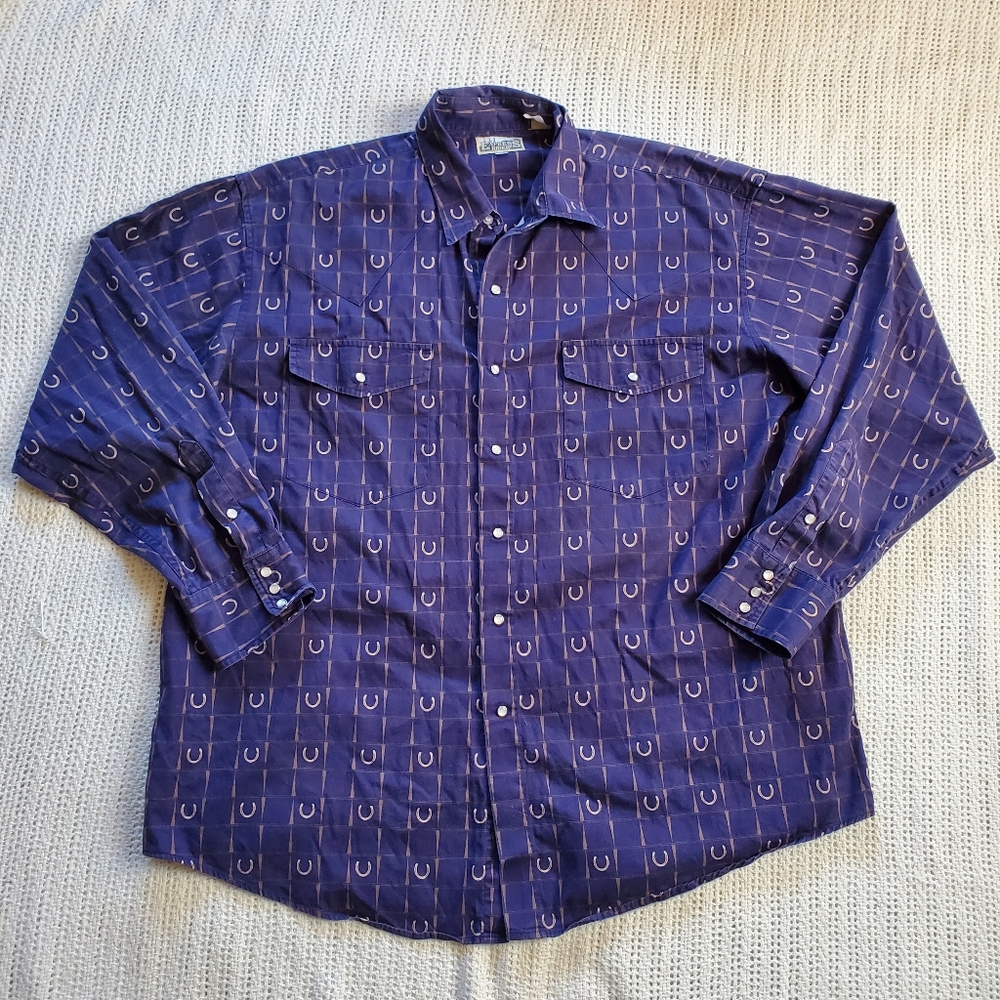 Vintage 90s Express Rider Blue Brown Pearl Snap Horseshoe Men's Western Shirt XL